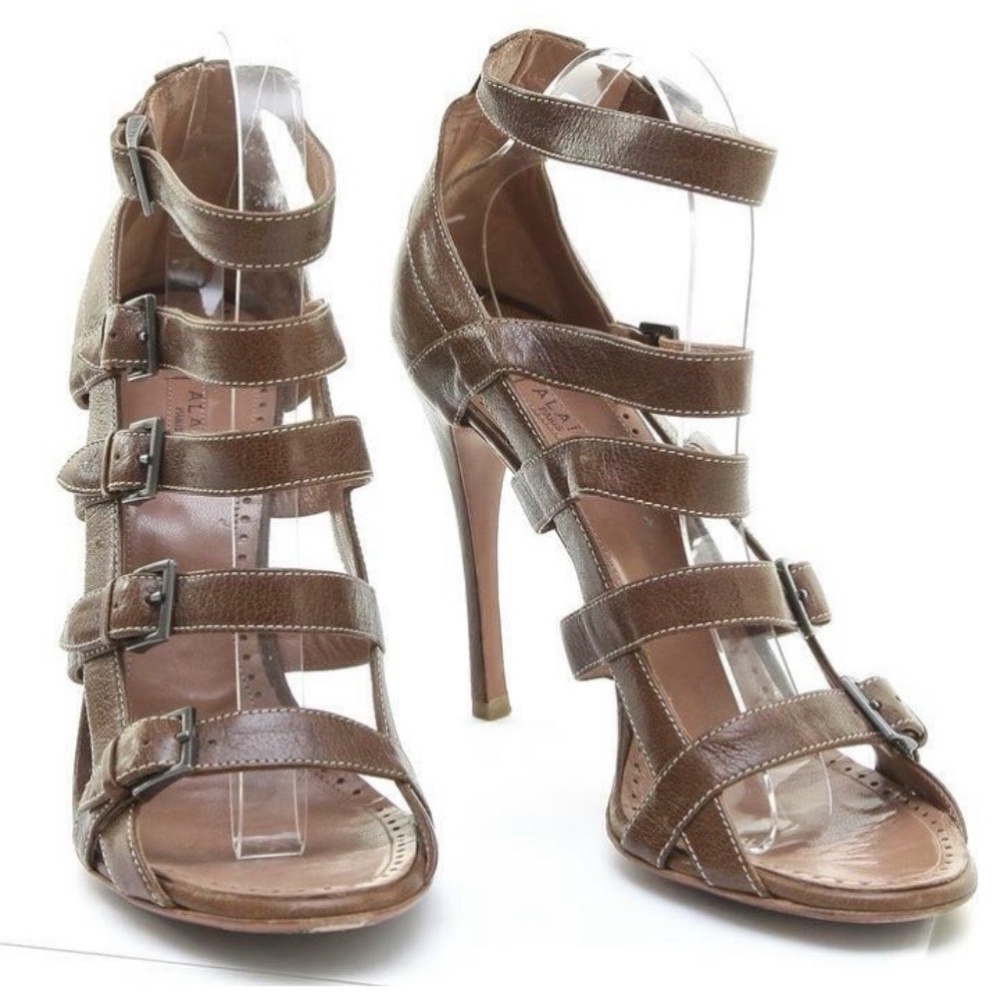 Alaia Brown Leather Gladiator Sandal Shoe Heel Open Toe White Buckle Strap 39.5